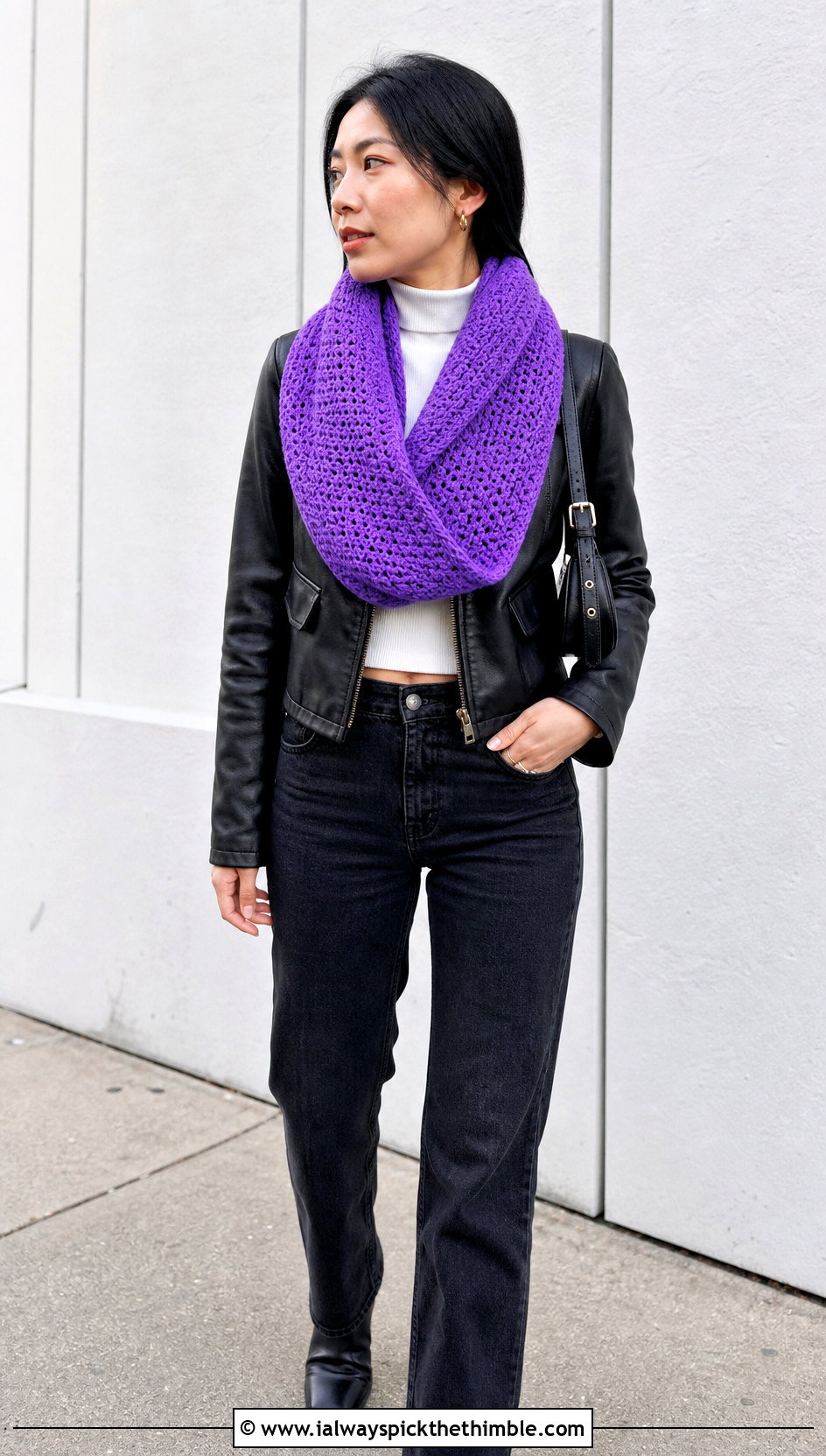 Mobius Crochet Cowl With Leather Jacket - 20 Wool Ease Thick And Quick Crochet Cowl outfit ideas