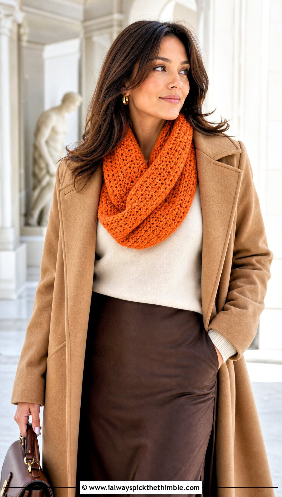 Mobius Crochet Cowl With Sweater And Midi Skirt - 15 Crochet For Cowl Scarf outfit ideas
