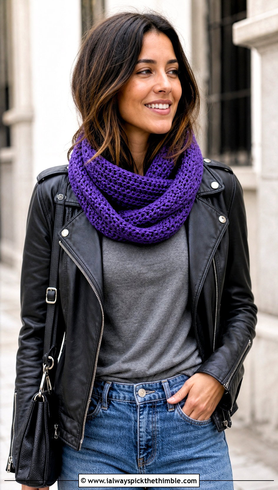 Mobius Crochet Tube Scarf With Leather Jacket - 20 Crochet Tube Scarf outfit ideas