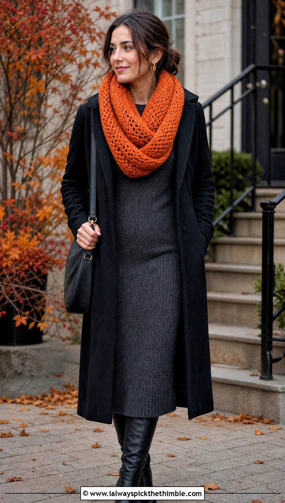 Mobius One Skein Crochet Infinity Scarf With Knit Dress - 15 One Skein Crochet Infinity Scarf outfit ideas