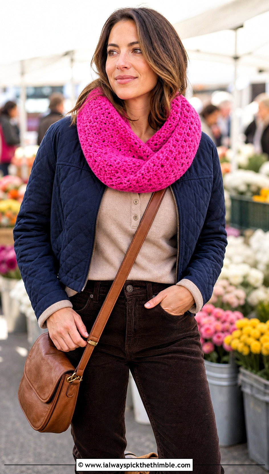 Mobius Pink Crochet Cowl With Quilted Jacket - 15 pink crochet cowl outfit ideas