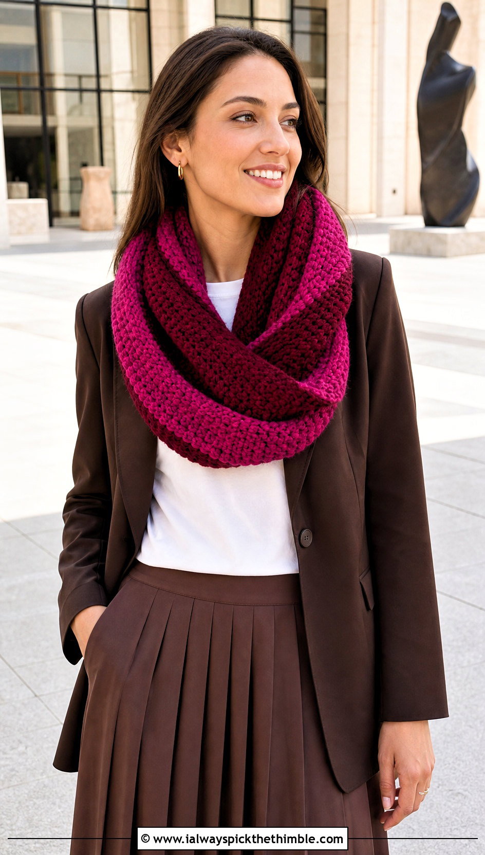 Mobius Striped Crochet Infinity Scarf With Blazer - 15 Striped Crochet Infinity Scarf outfit ideas