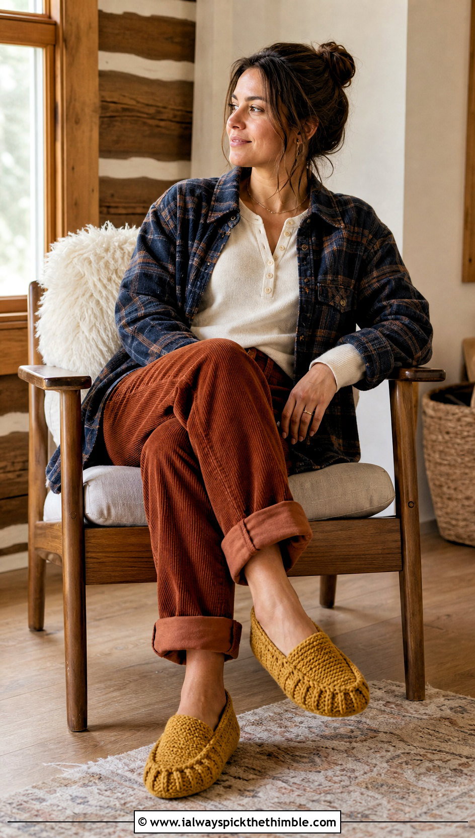 Moccasin Cottage Crochet Slippers With Corduroy Pants - 15 cottage crochet slippers outfit ideas