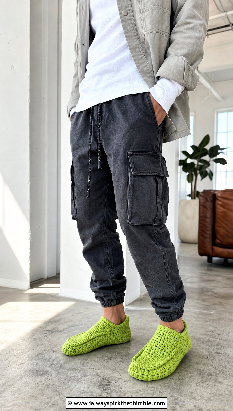 Moccasin Crochet Bed Socks With Cargo Joggers - 25 crochet bed socks outfit ideas