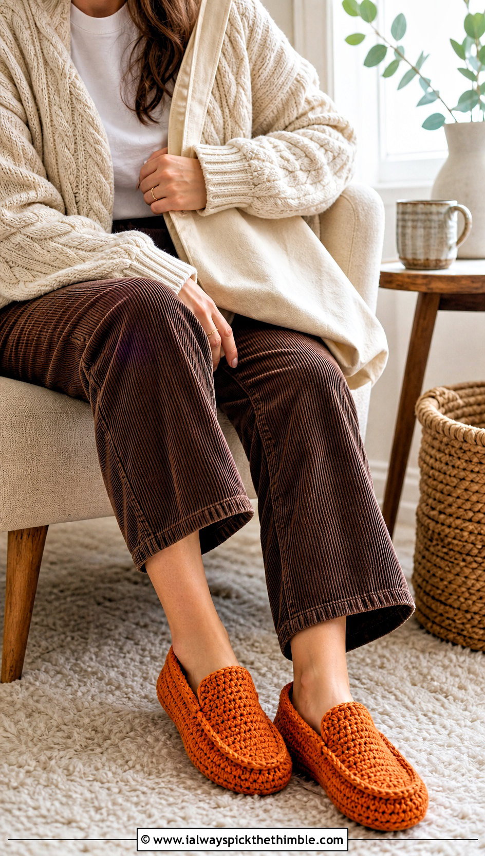 Moccasin Crochet Slippers With Cable Sweater And Corduroy Pants - 20 Easy Crochet Slippers For Beginners outfit ideas