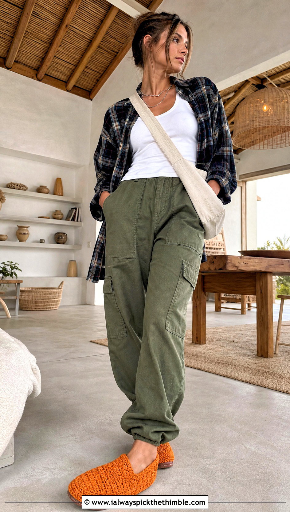 Moccasin Crochet Slippers With Flannel And Cargo Pants - 20 Cute Crochet Slippers outfit ideas