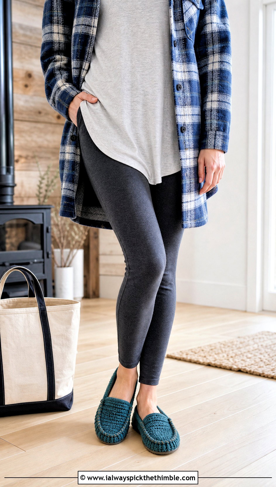 Moccasin Crochet Slippers With Leggings And Shacket - 25 easy crochet slippers outfit ideas