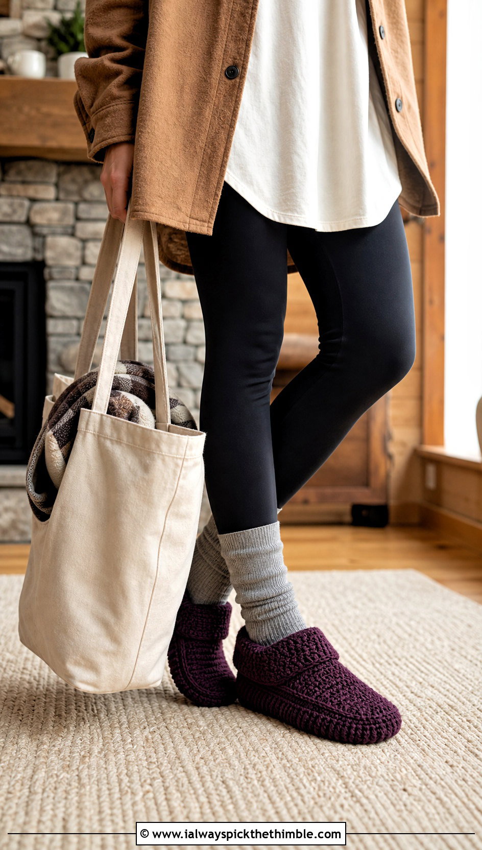 Moccasin Crochet Slippers With Leggings And Shacket - 20 Women's Crochet Slippers For Women outfit ideas