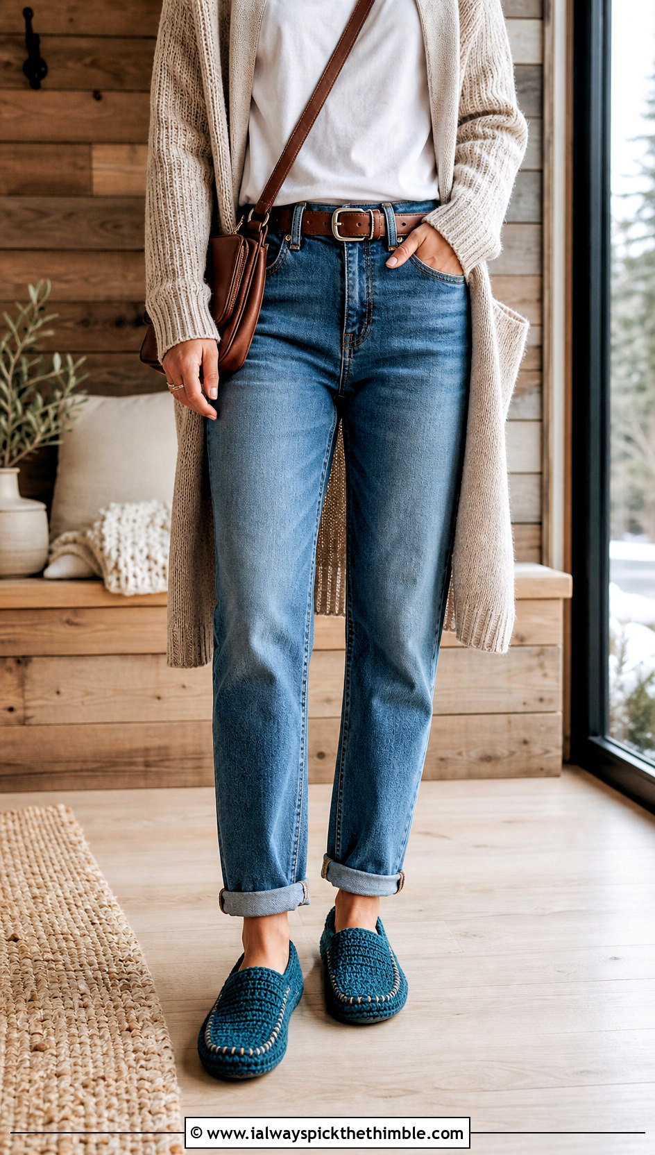 Moccasin Crochet Slippers With Straight Jeans - 25 crochet slippers outfit ideas