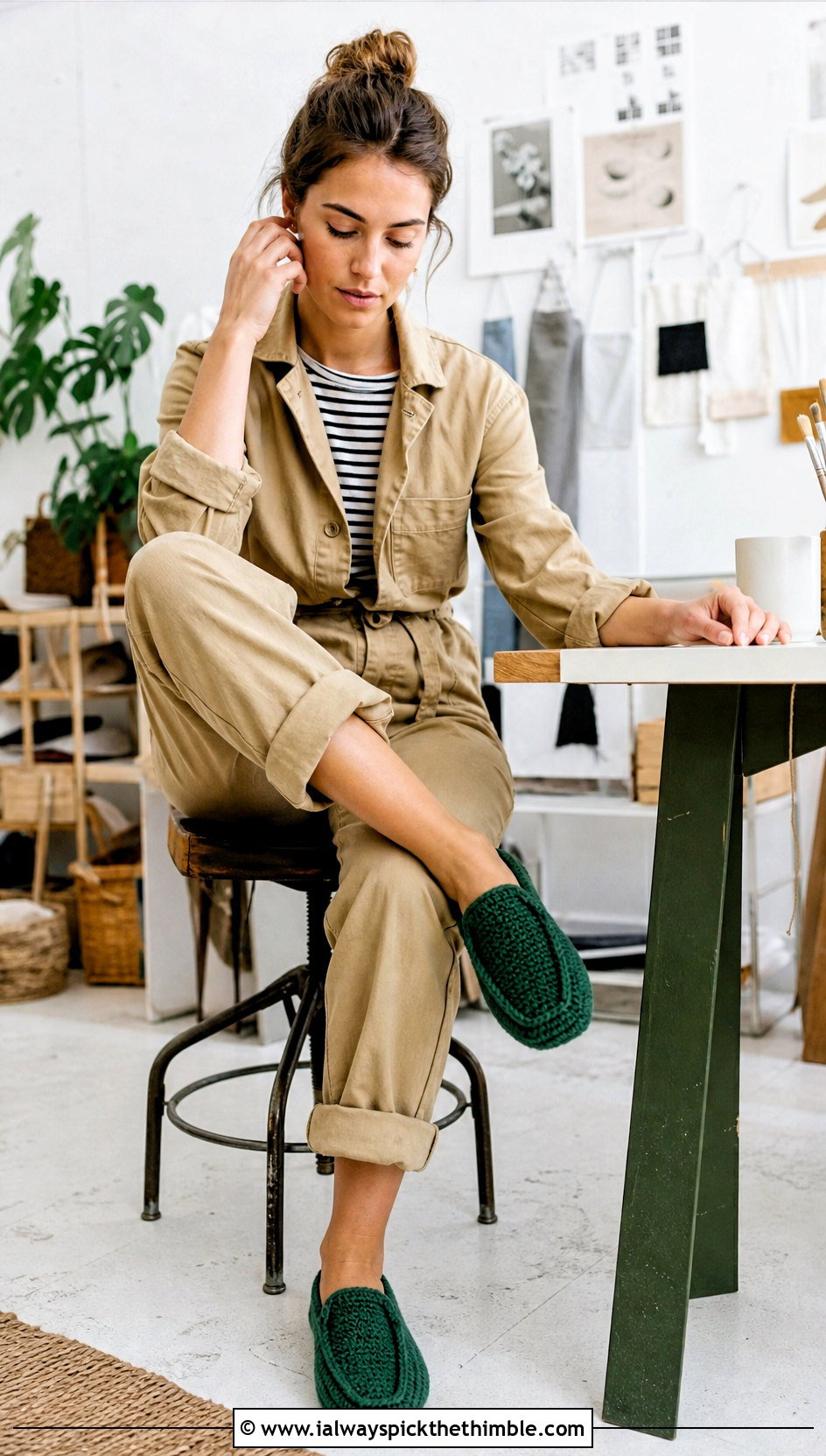 Moccasin Crocheted Slipper Socks With Utility Jumpsuit - 15 Crocheted Slipper Socks outfit ideas