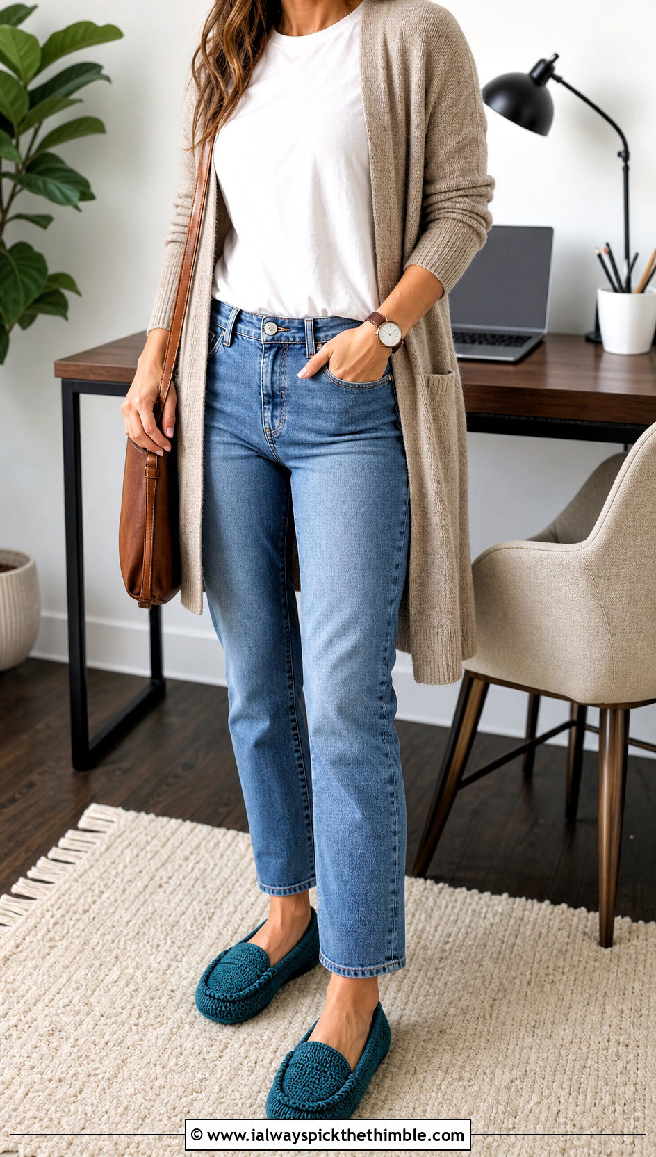 Moccasin Crocheted Slippers With Straight Jeans - 20 Easy Crocheted Slippers outfit ideas