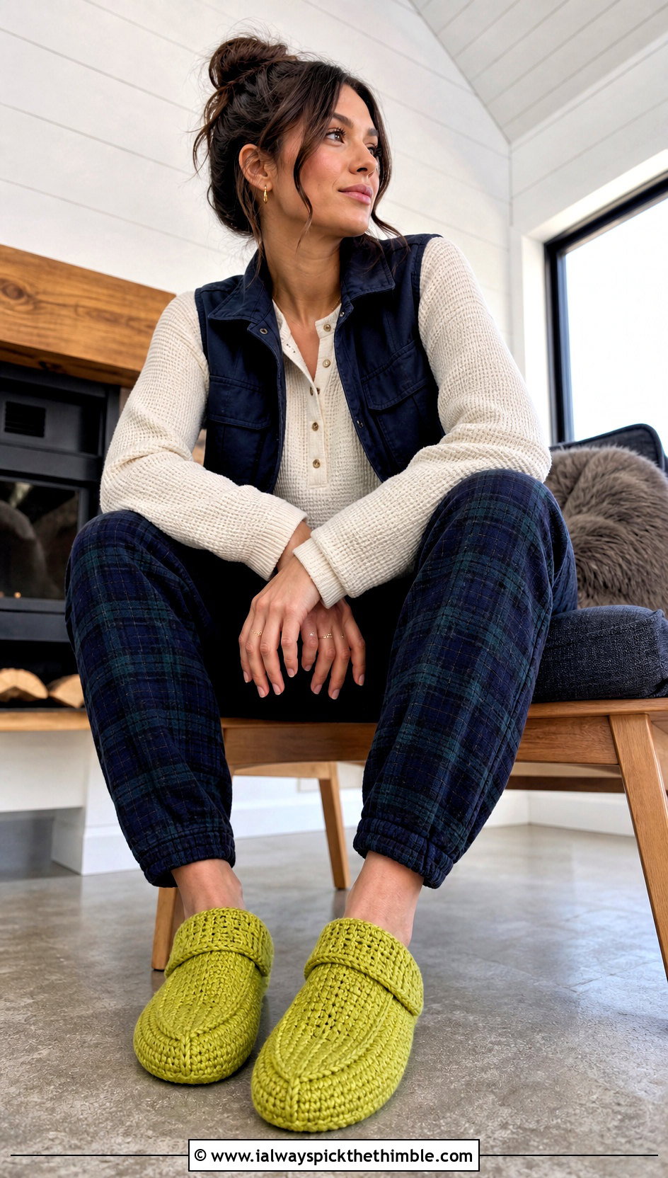 Moccasin Folded Cuff Crochet Slippers With Flannel Pants - 20 Folded Crochet Slippers outfit ideas