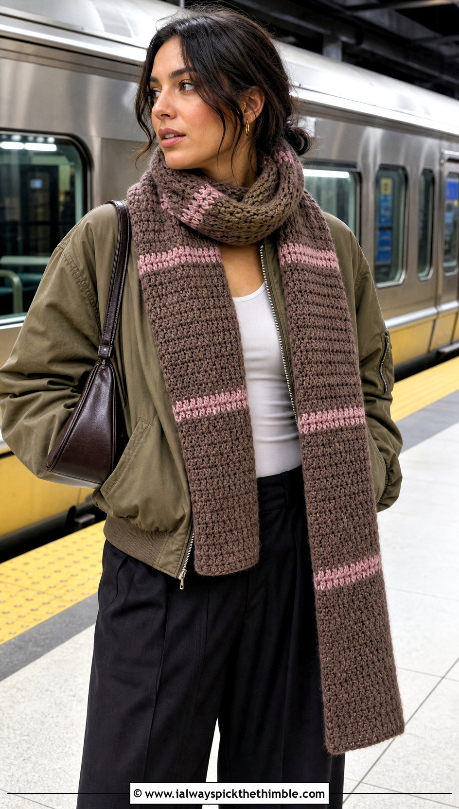 Mocha Extra Long Crochet Scarf With Bomber Jacket - 15 neutral tone crochet scarf outfit ideas