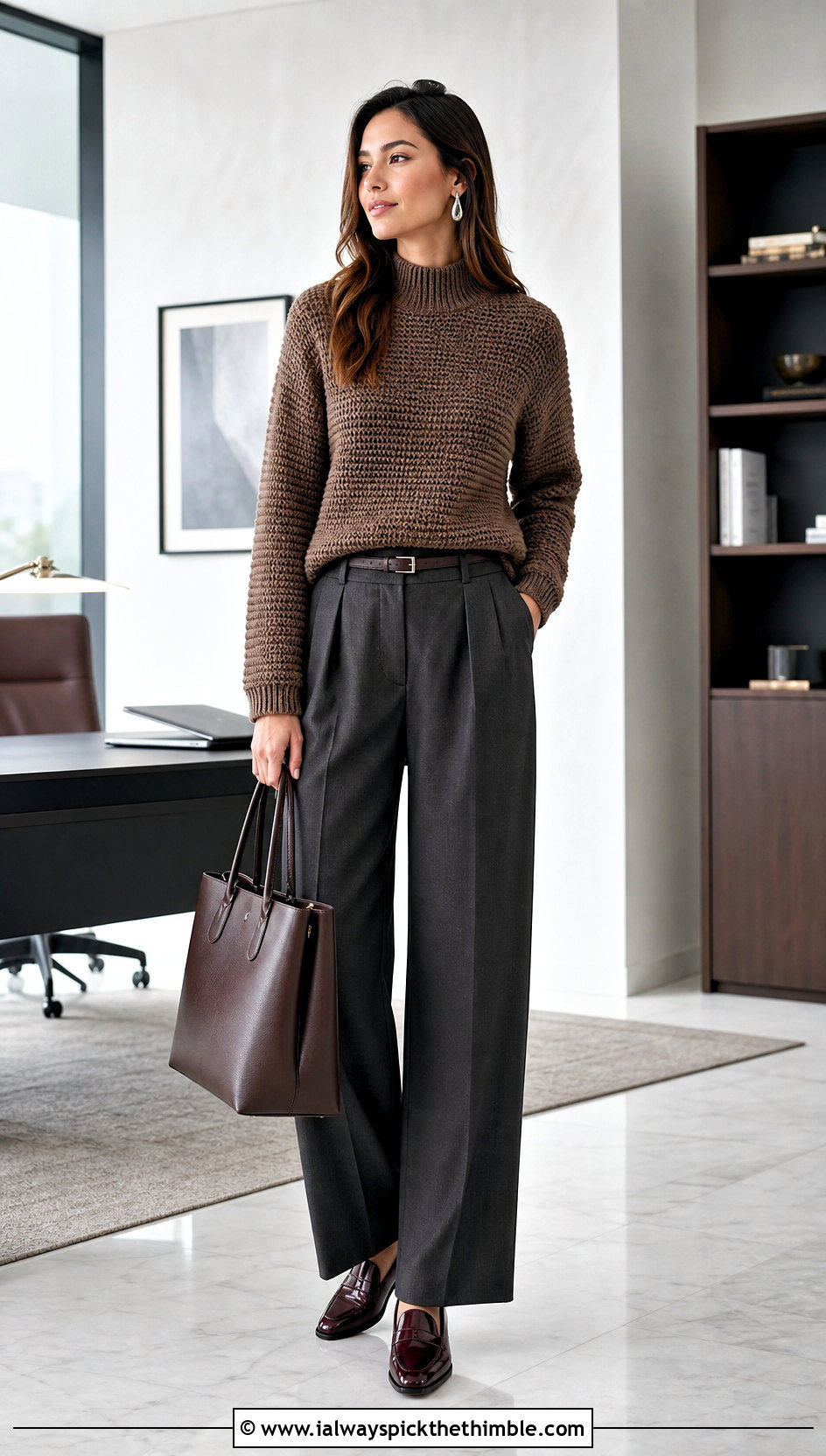 Mocha Mock Neck Crochet Sweater With Tailored Trousers - 15 Brown Crochet Sweater Design outfit ideas