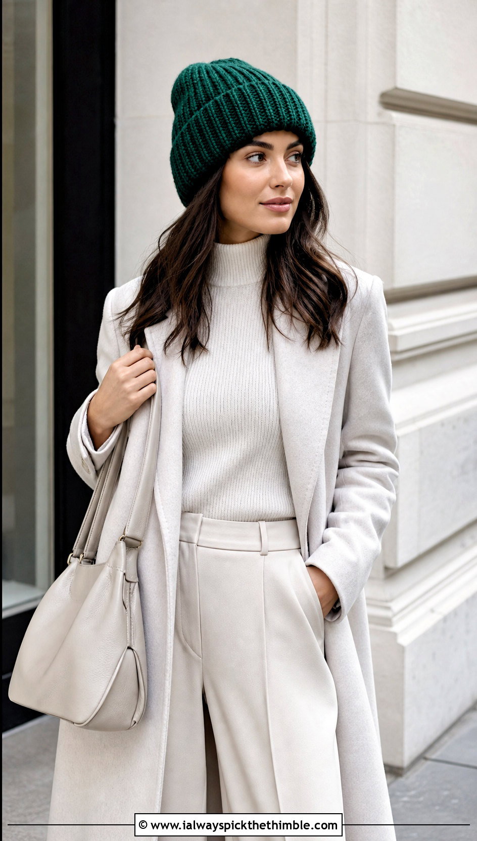 Mock Brioche Crochet Beanie With Long Coat And Matching Separates - 20 Crochet Beanie That Looks Like Knit outfit ideas