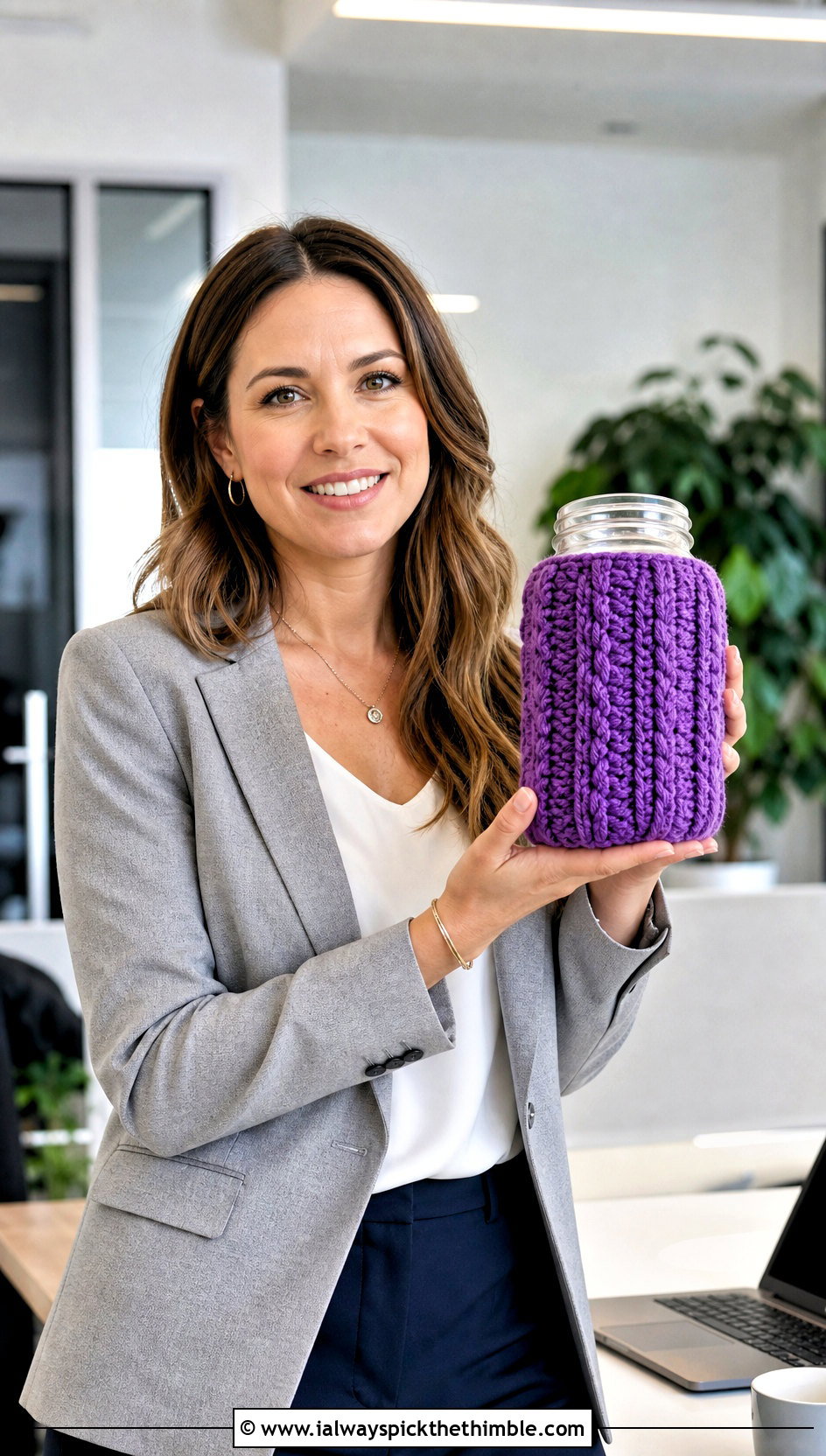 Mock Cable Crochet Mason Jar Sweater With Office Blazer - 20 Crochet Mason Jar Sweater outfit ideas