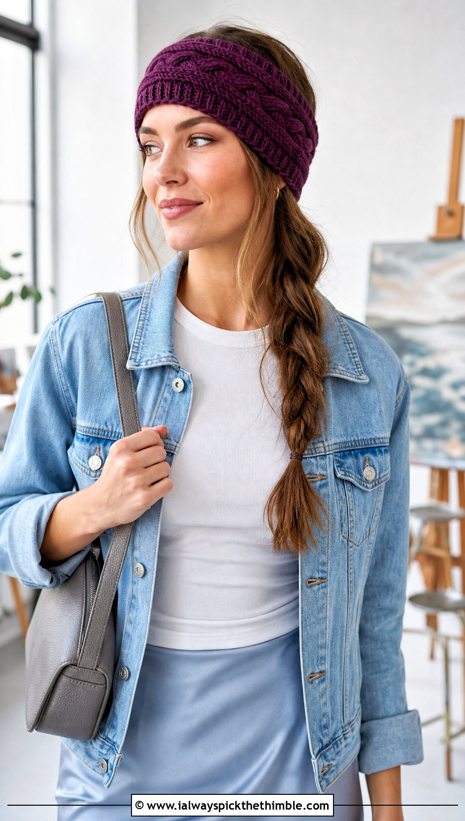 Mock Cable Earwarmer With Denim Jacket and Satin Skirt - 15 easy crochet cable headband earwarmer outfit ideas