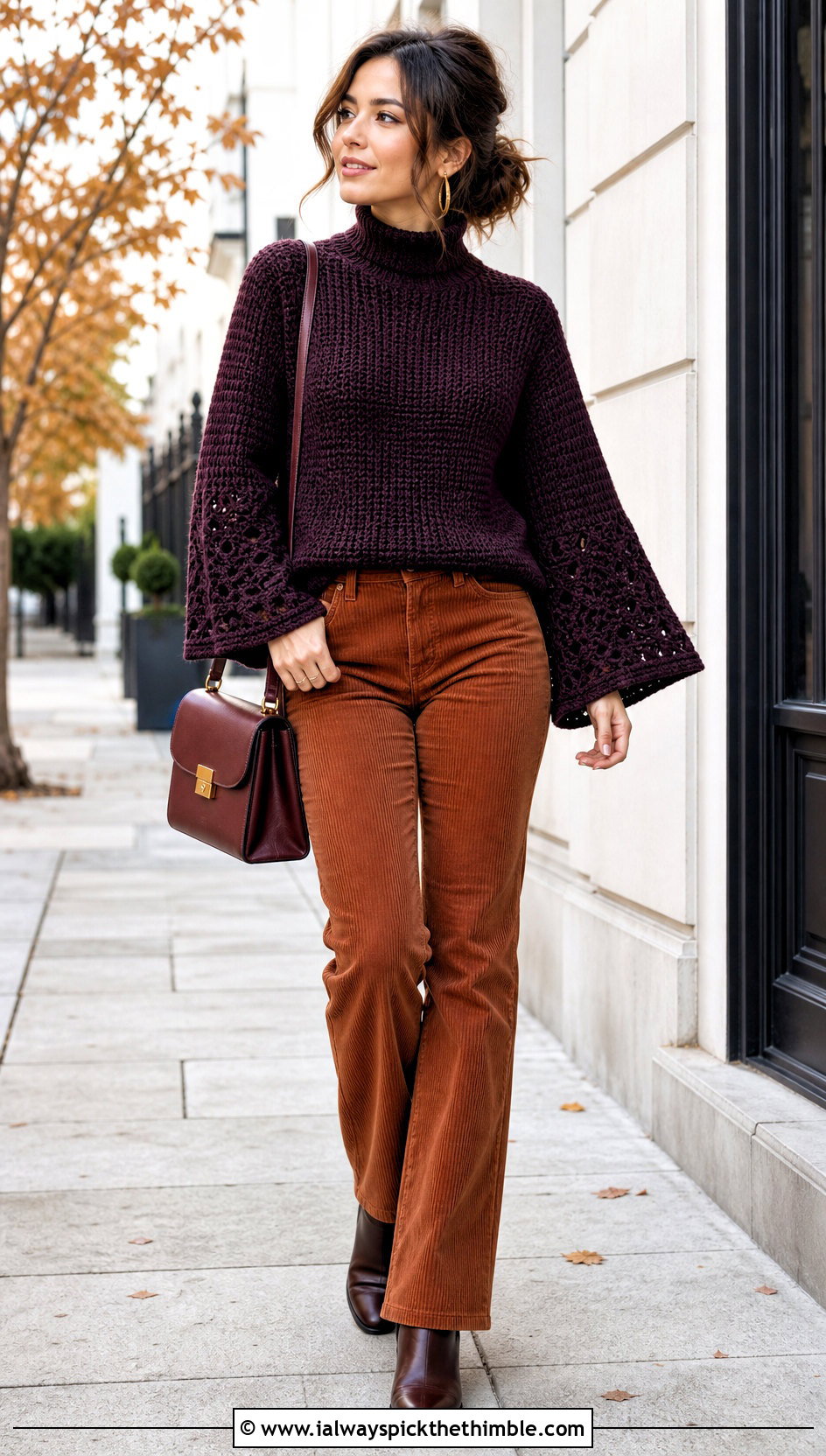Mock Neck Bell Sleeve Crochet Sweater With Corduroy Pants - 20 bell sleeve crochet sweater outfit ideas