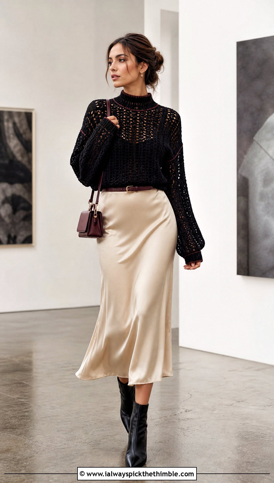 Mock Neck Black Crochet Sweater With Slip Dress - 15 black crochet sweater fall fashion and outfit ideas