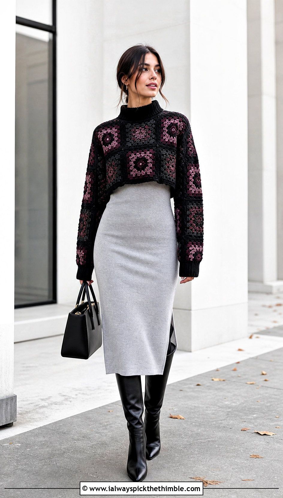 Mock Neck Black Granny Square Sweater With Midi Dress - 20 black granny square sweater outfit ideas