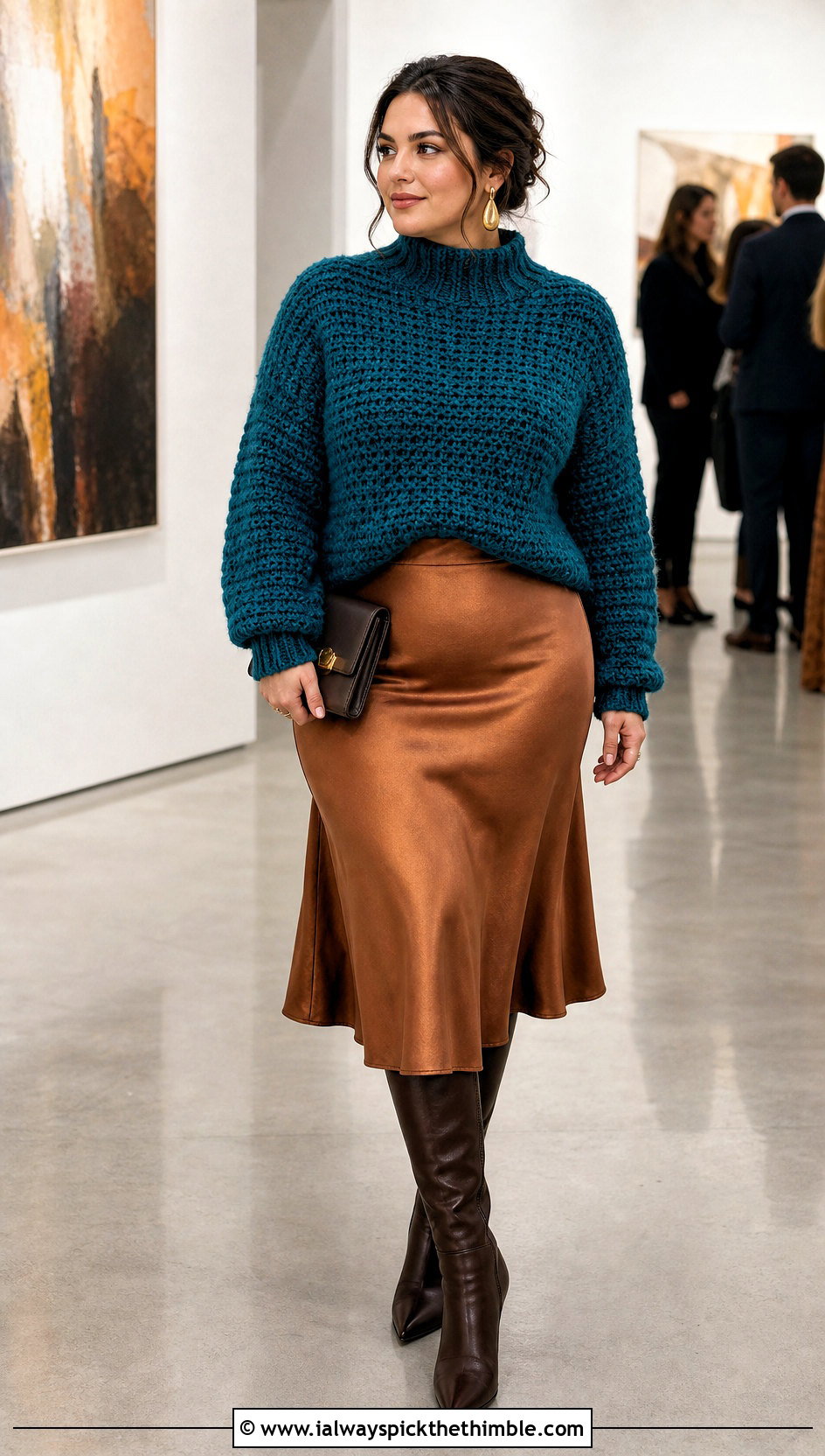 Mock Neck Bulky Yarn Crochet Sweater With Satin Midi Skirt - 20 bulky yarn crochet sweater outfit ideas