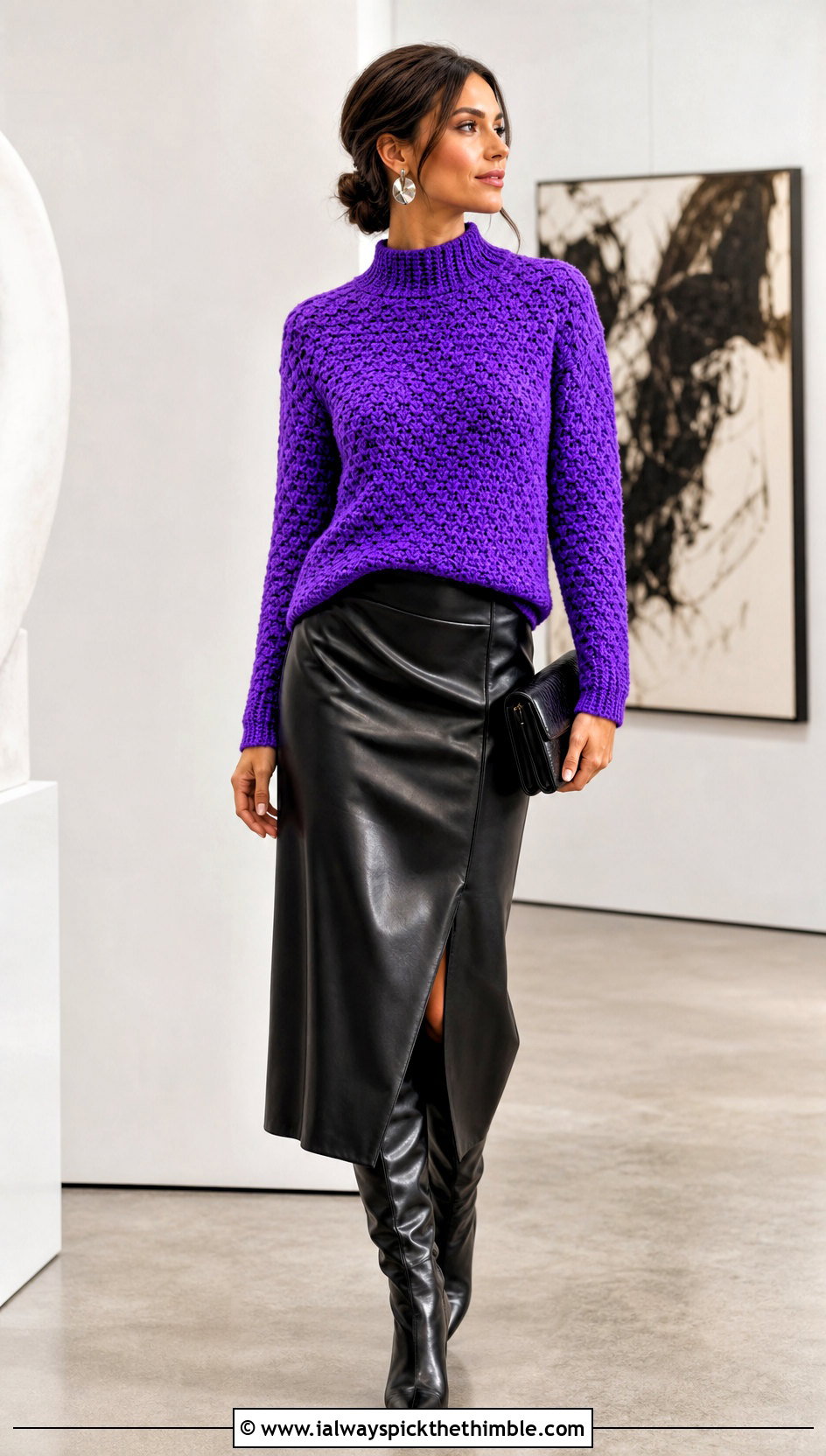 Mock Neck C2C Crochet Sweater With Leather Midi Skirt - 20 c2c crochet sweater outfit ideas