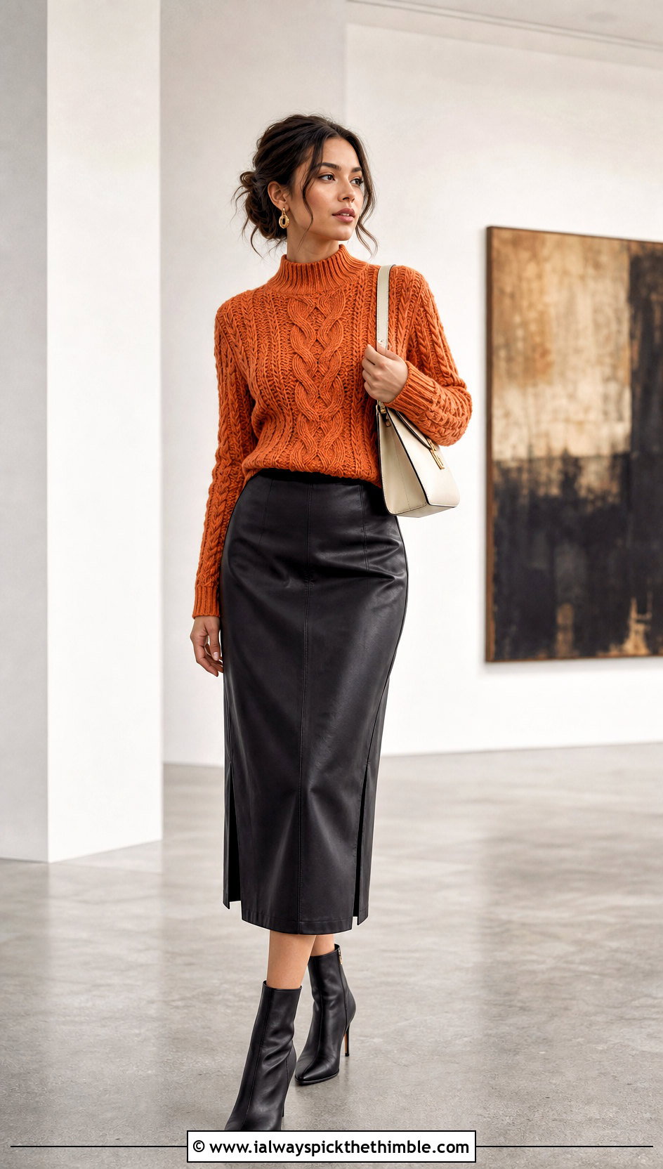 Mock Neck Cable Crochet Sweater With Leather Midi Skirt - 25 crochet cable sweater outfit ideas