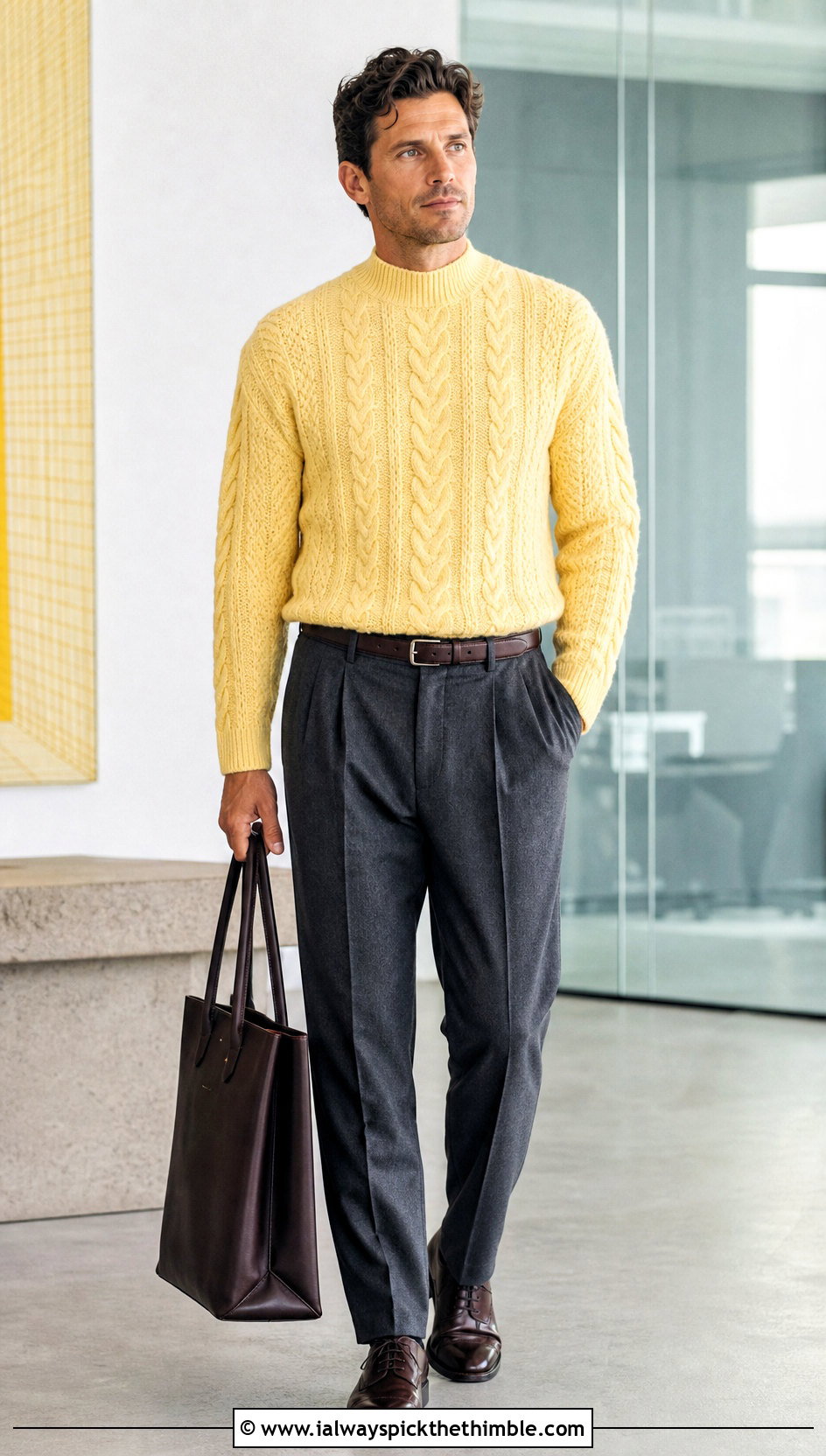 Mock Neck Cable Crochet Sweater With Wool Trousers - 15 Mens Cable Crochet Sweater outfit ideas