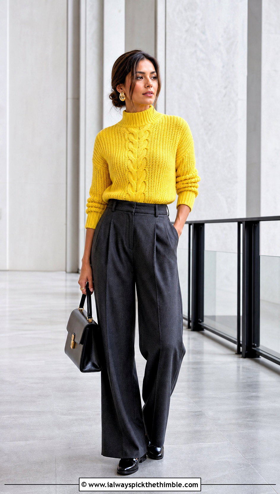 Mock Neck Center Cable Crochet Sweater With Tailored Trousers - 20 Cable Knit Crochet Sweater outfit ideas