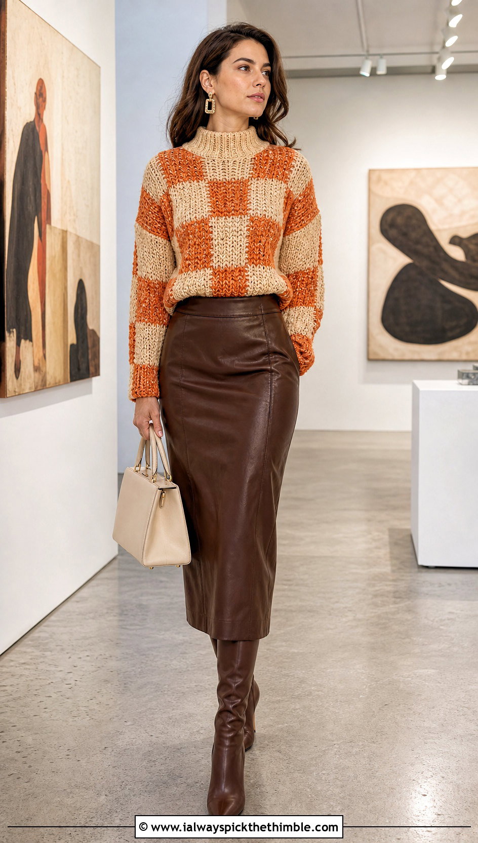 Mock Neck Checkered Crochet Sweater With Leather Midi Skirt - 20 checkered crochet sweater outfit ideas