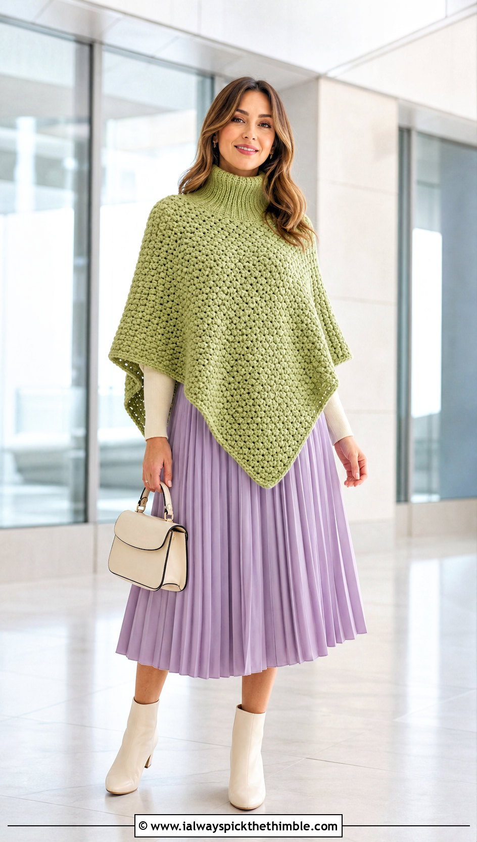 Mock Neck Chunky Crochet Poncho With Pleated Midi Skirt - 20 Chunky Crochet Poncho outfit ideas
