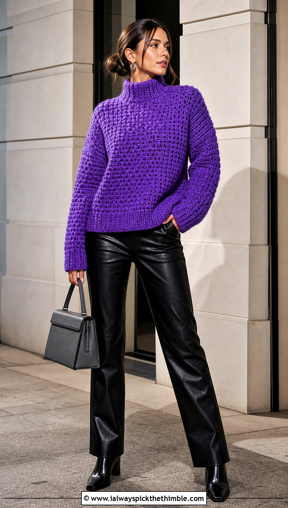 Mock Neck Chunky Crochet Sweater With Leather Pants - 20 Easy Chunky Crochet Sweater outfit ideas