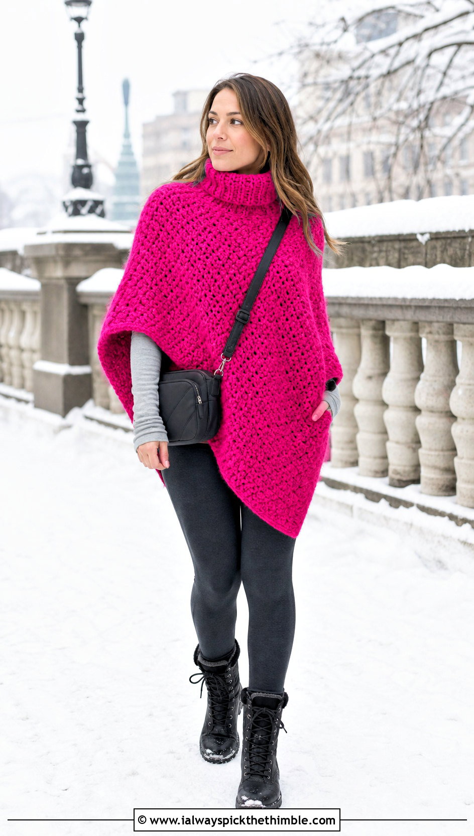 Mock Neck Chunky Yarn Crochet Poncho With Thermal Leggings - 20 Chunky Yarn Crochet Poncho outfit ideas