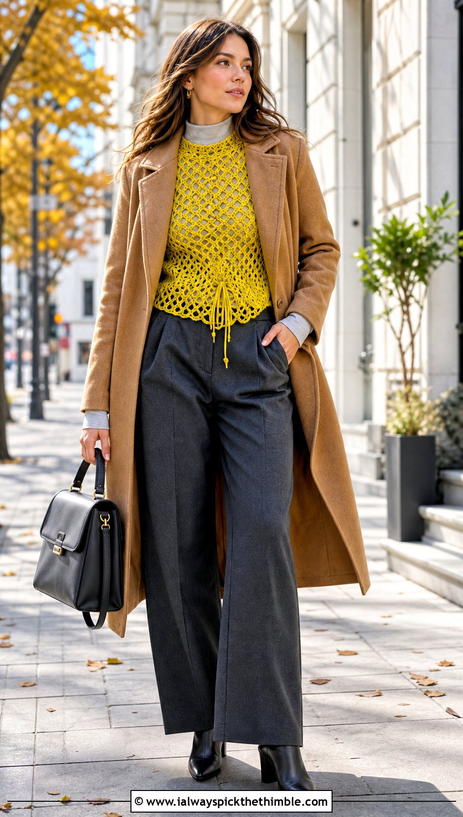 Mock Neck Cinch Crochet Top With Wool Trousers - 20 crochet cinch top outfit ideas