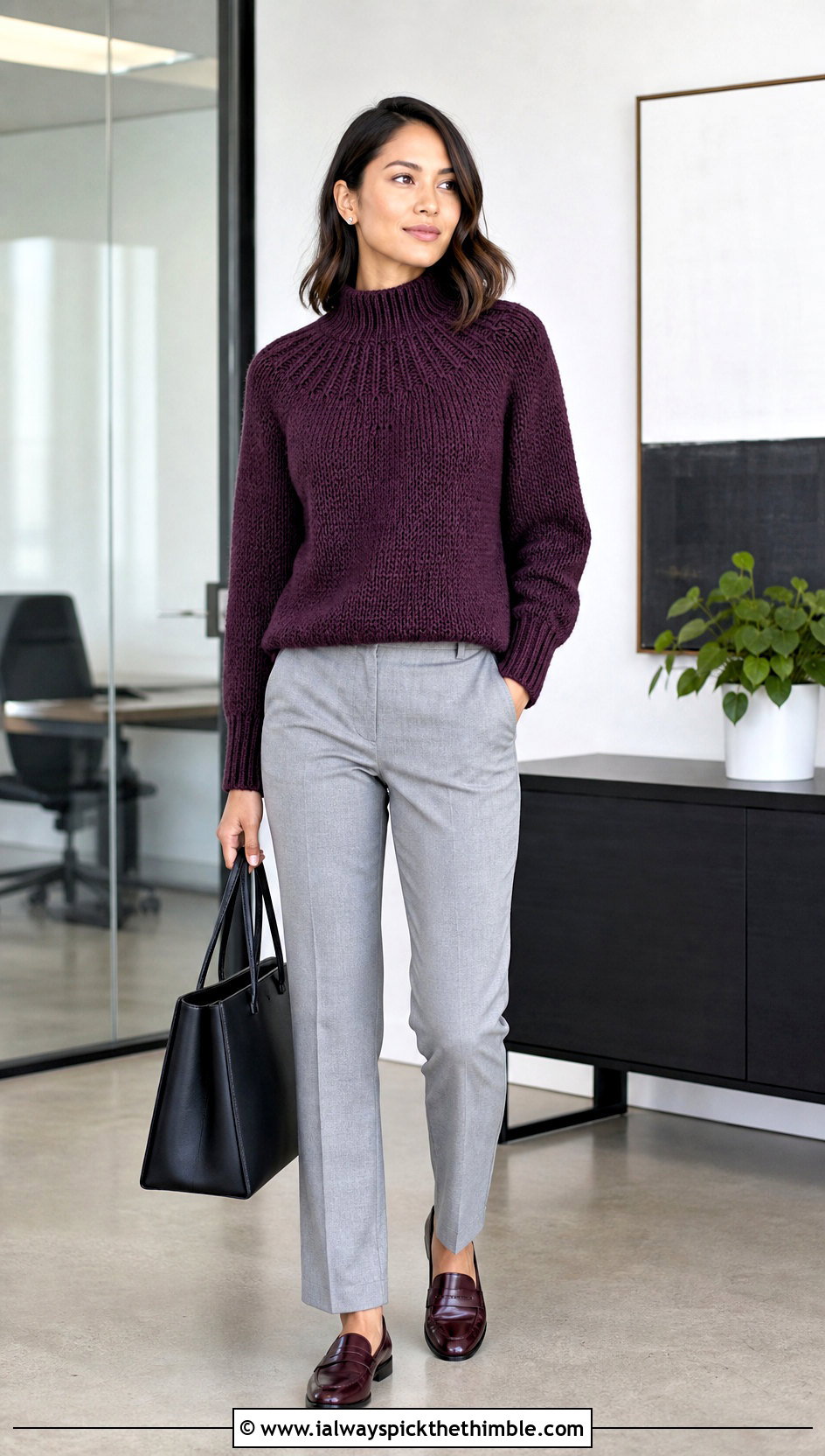 Mock Neck Circular Yoke Crochet Sweater With Suit Pants - 20 Circle Crochet Sweater outfit ideas