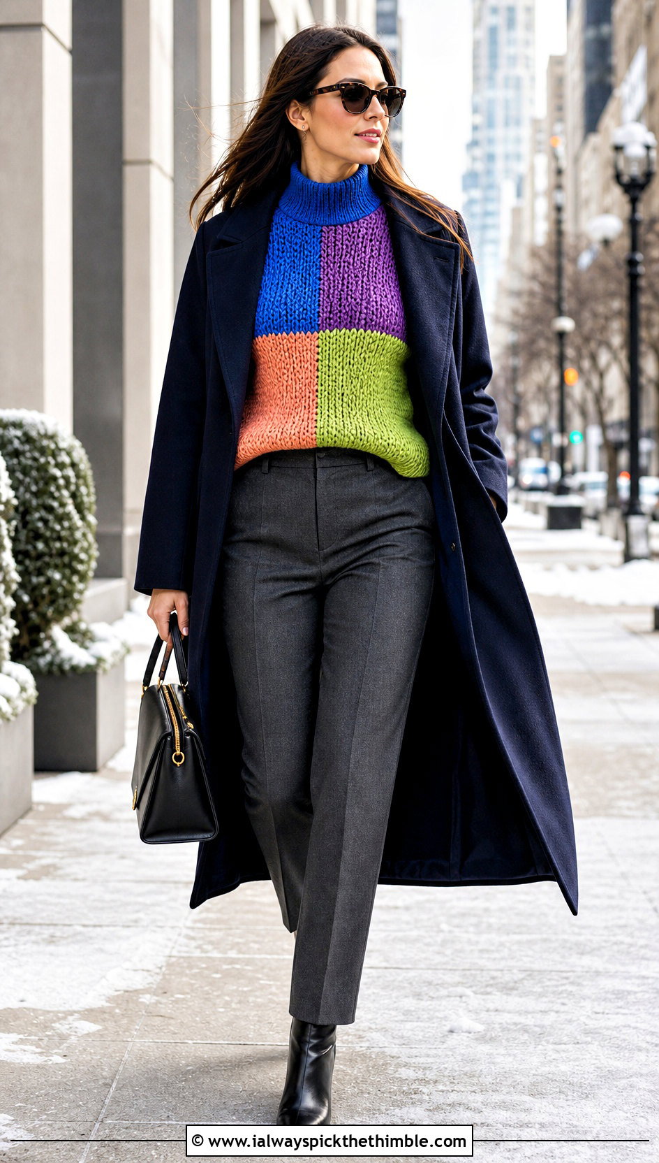 Mock Neck Color Block Rainbow Crochet Sweater With Wool Coat - 20 Rainbow Crochet Sweater outfit ideas