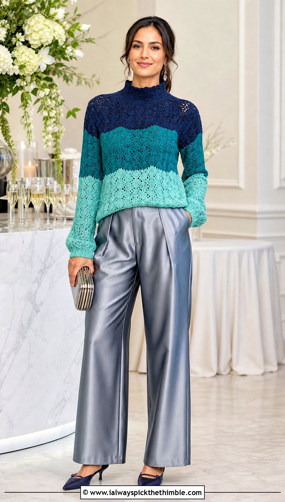 Mock Neck Colourblock Crochet Sweater With Satin Wide Leg Pants - 15 Colourblock Crochet Sweater outfit ideas