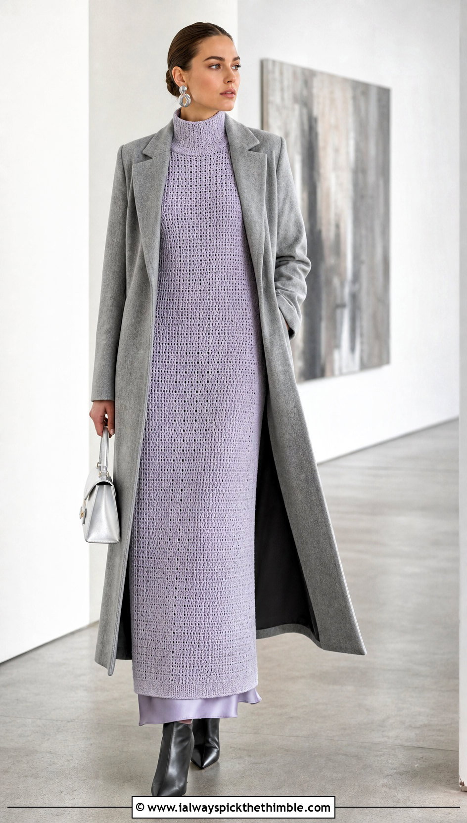 Mock Neck Column Crochet Sweater Dress With Long Coat - 20 long sleeve crochet sweater dress outfit ideas