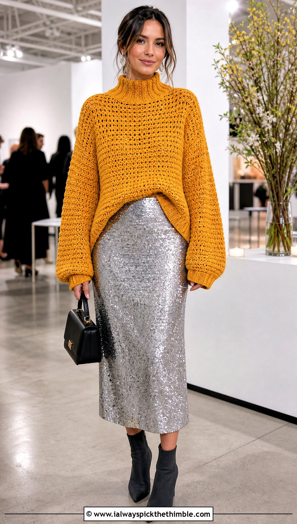 Mock Neck Crochet Baggy Sweater With Sequin Midi Skirt - 20 crochet baggy sweater outfit ideas