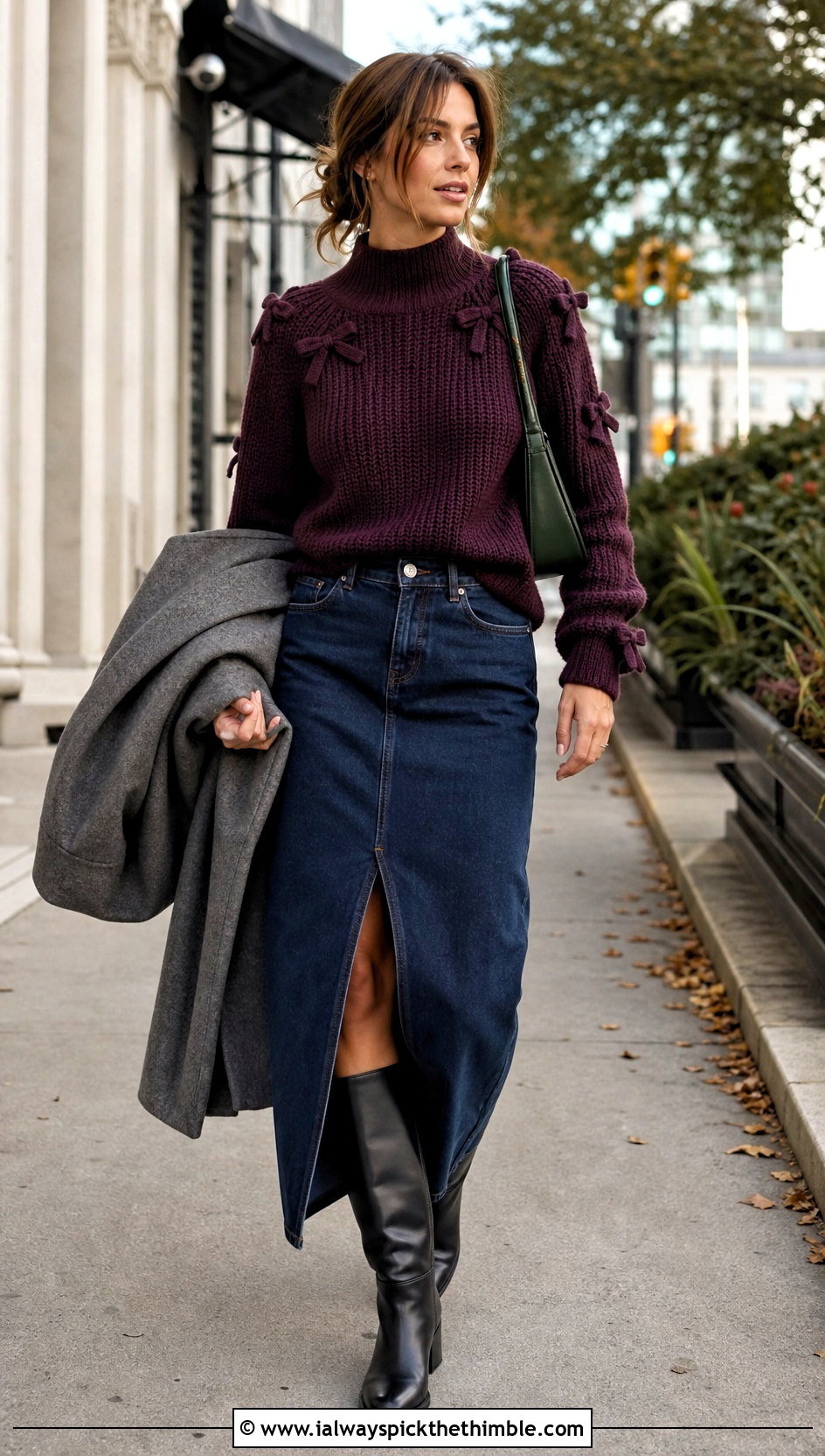 Mock Neck Crochet Bow Sweater With Maxi Denim Skirt - 20 crochet bow sweater outfit ideas