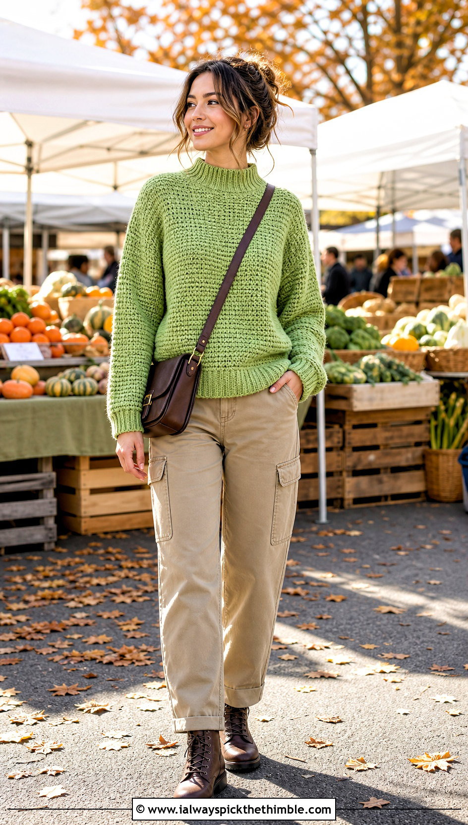 Mock Neck Crochet Boxy Sweater With Utility Cargo Pants - 20 Crochet Boxy Sweater outfit ideas