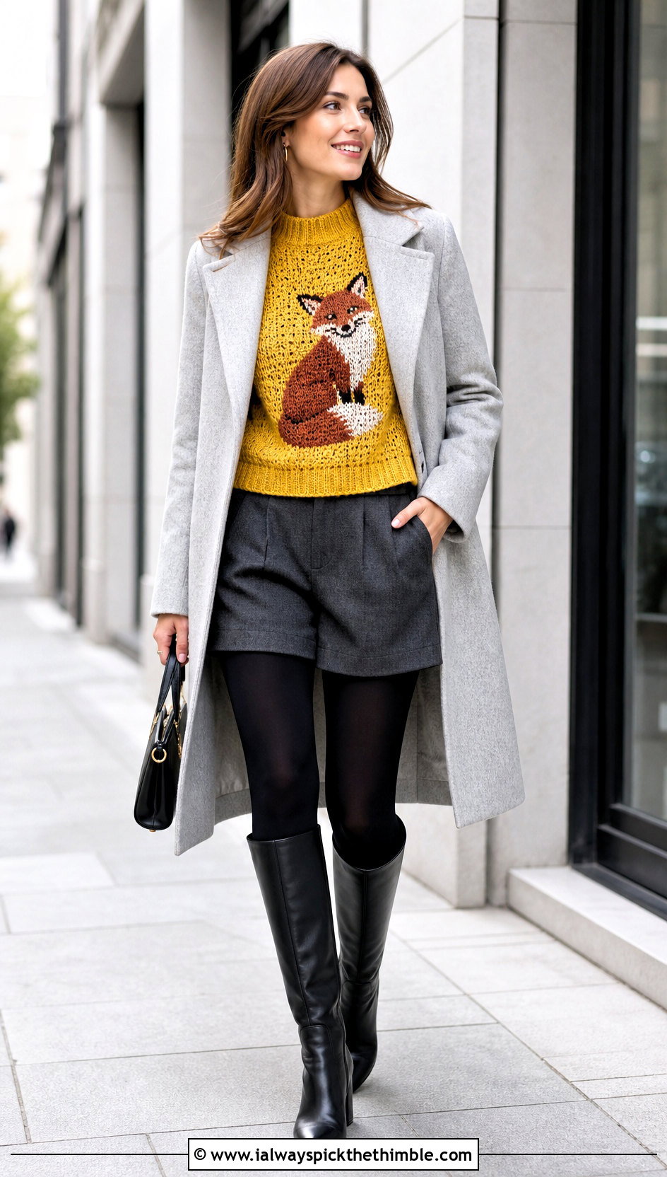 Mock Neck Crochet Character Sweater With Wool Shorts - 20 Crochet Character Sweater outfit ideas