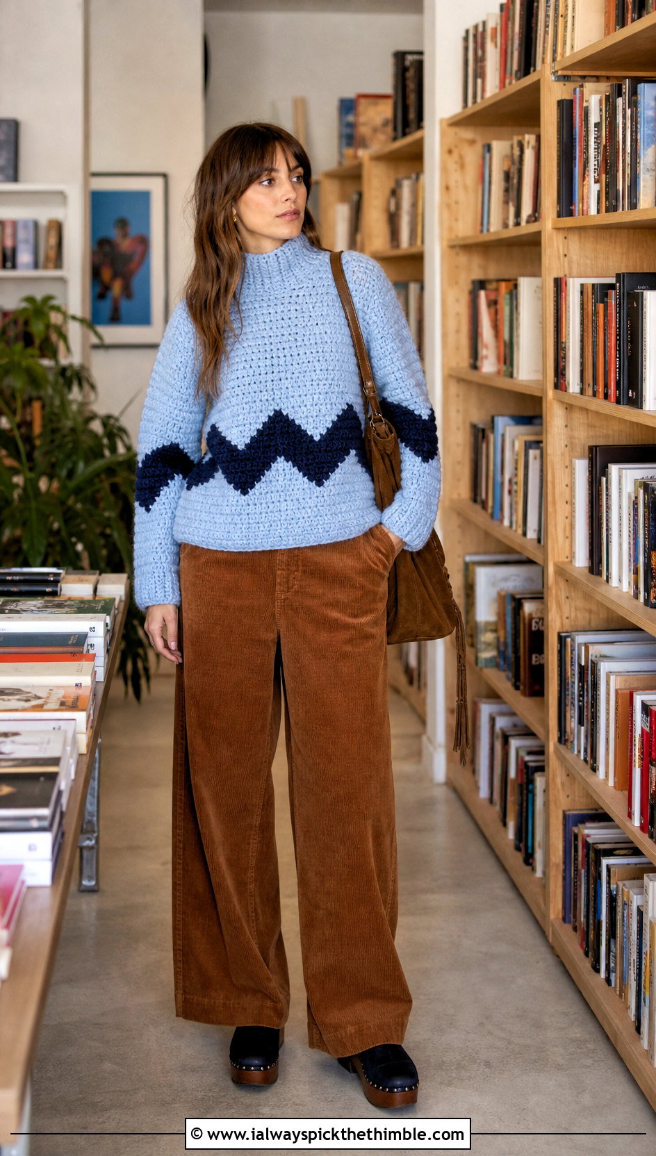 Mock Neck Crochet Charlie Brown Sweater With Corduroy Pants - 15 Crochet Charlie Brown Sweater outfit ideas