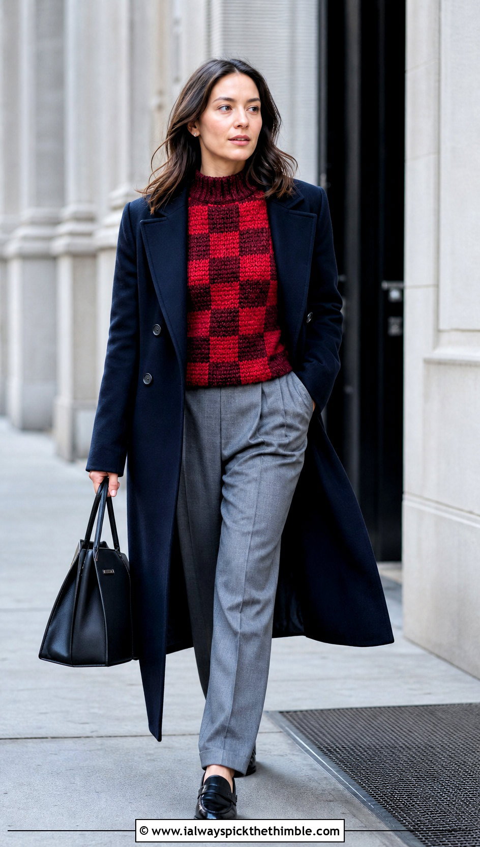 Mock Neck Crochet Checker Sweater With Wool Trousers - 20 Crochet Checker Sweater outfit ideas
