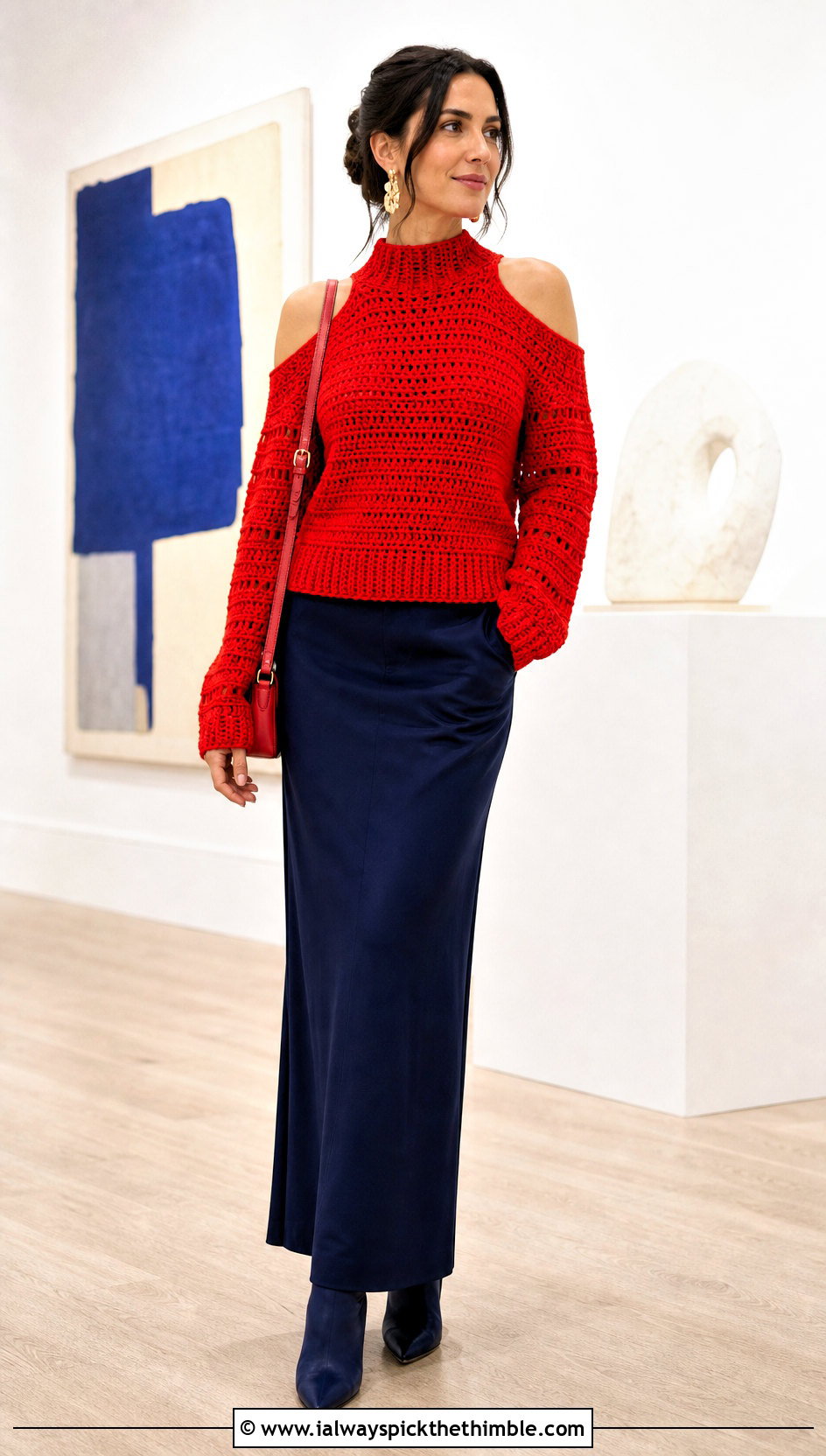 Mock Neck Crochet Cold Shoulder Sweater With Maxi Skirt - 20 Crochet Cold Shoulder Sweater outfit ideas