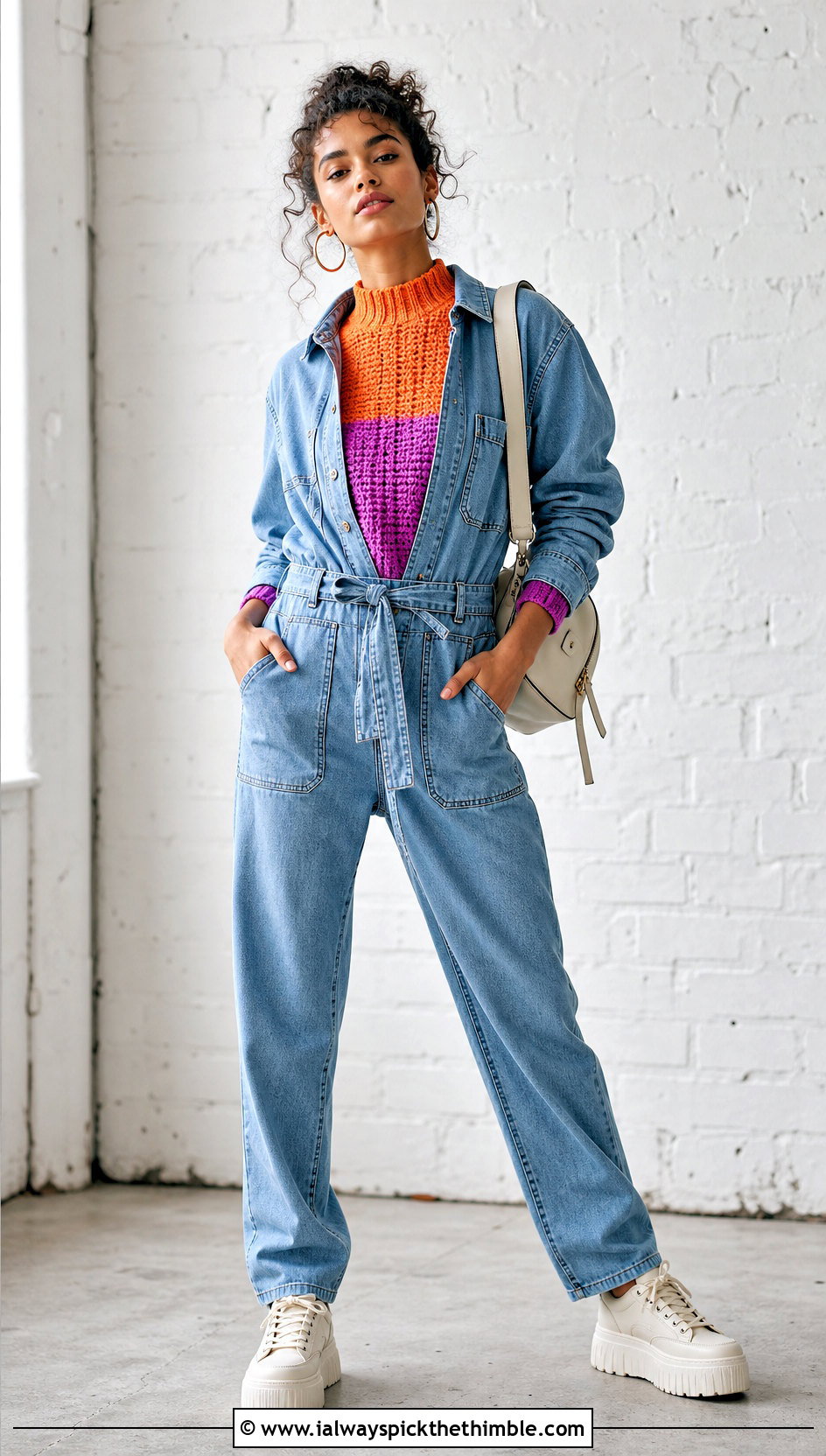 Mock Neck Crochet Colorblock Sweater With Utility Jumpsuit - 20 crochet colorblock sweater outfit ideas
