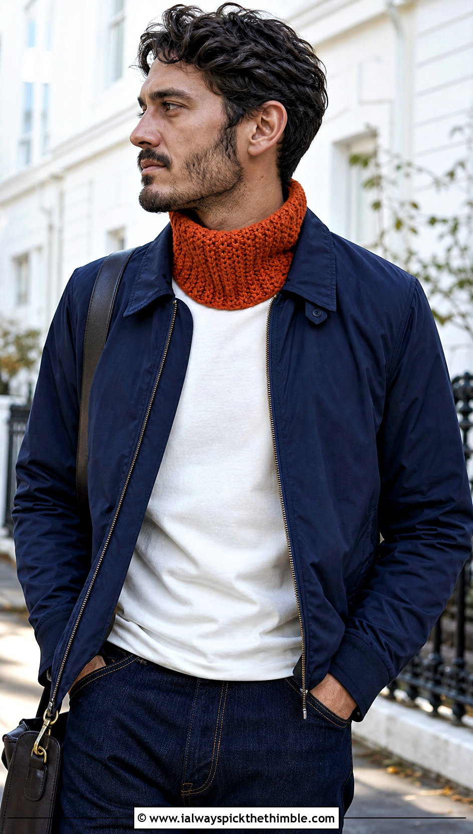 Mock Neck Crochet Cowl With Harrington Jacket - 20 Men Crochet Cowl outfit ideas