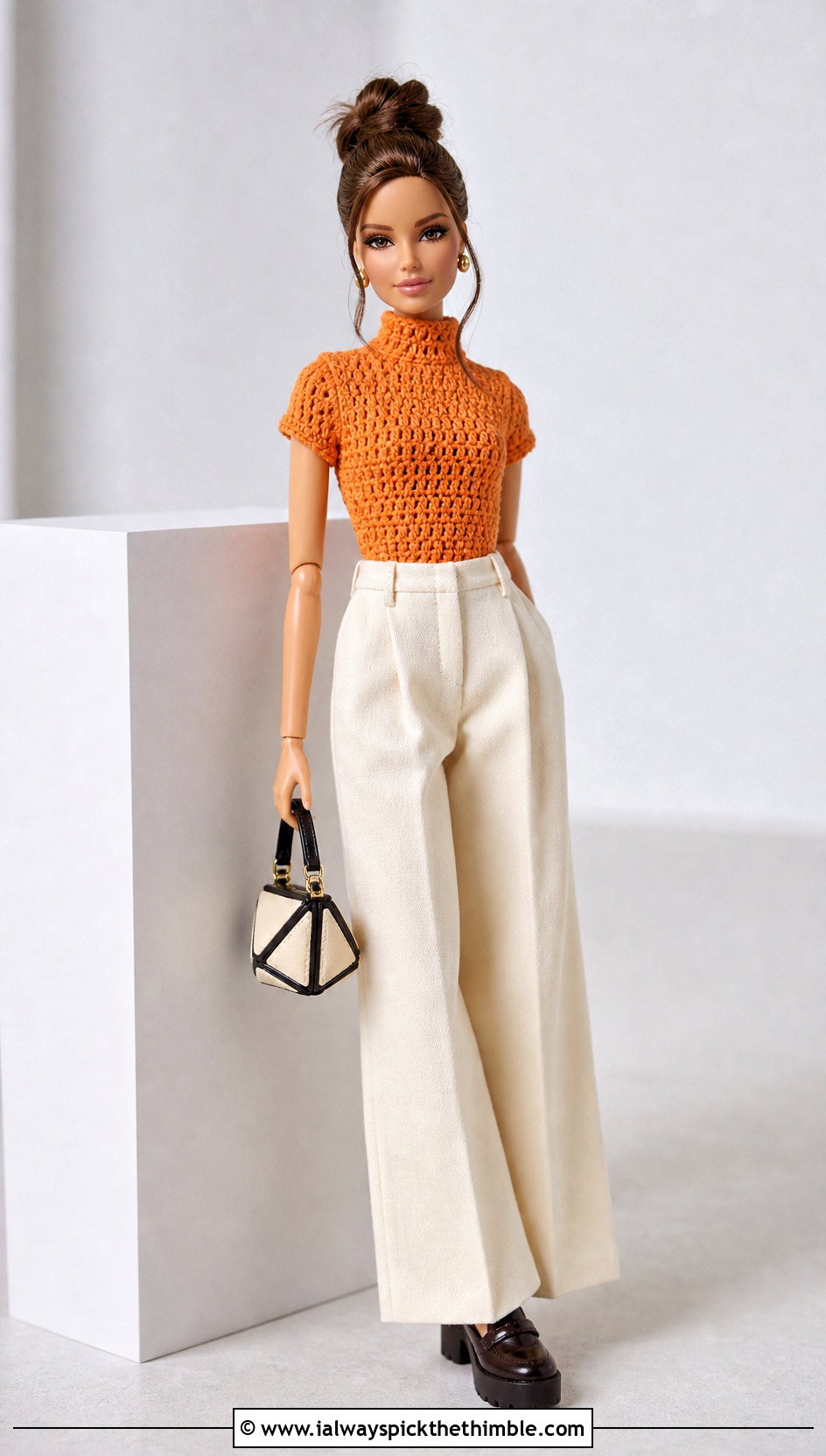 Mock Neck Crochet Doll Shirt With Wide Leg Trousers - 25 crochet doll shirt outfit ideas