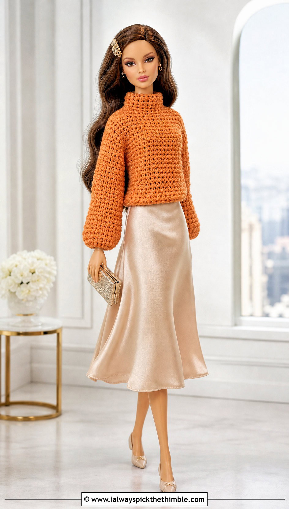 Mock Neck Crochet Doll Sweater With Satin Skirt - 20 Crochet Sweater For Dolls outfit ideas