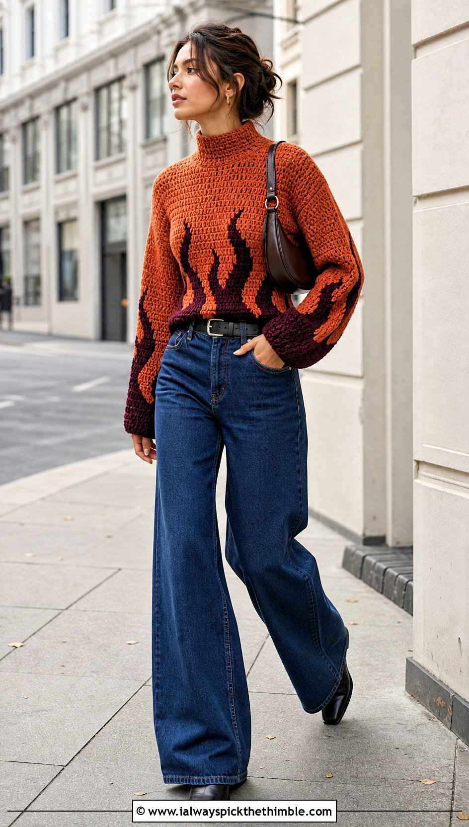 Mock Neck Crochet Fire Sweater With Wide Leg Jeans - 20 Crochet Fire Sweater outfit ideas